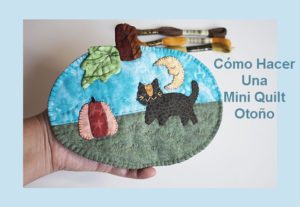 mini quilt de otono con gato calabaza y luna